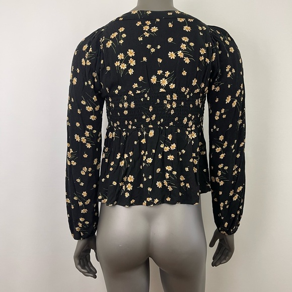 American Eagle Outfitters Blouse Womens S Black w. Yellow Floral Puff Sleeve Top - Picture 3 of 14
